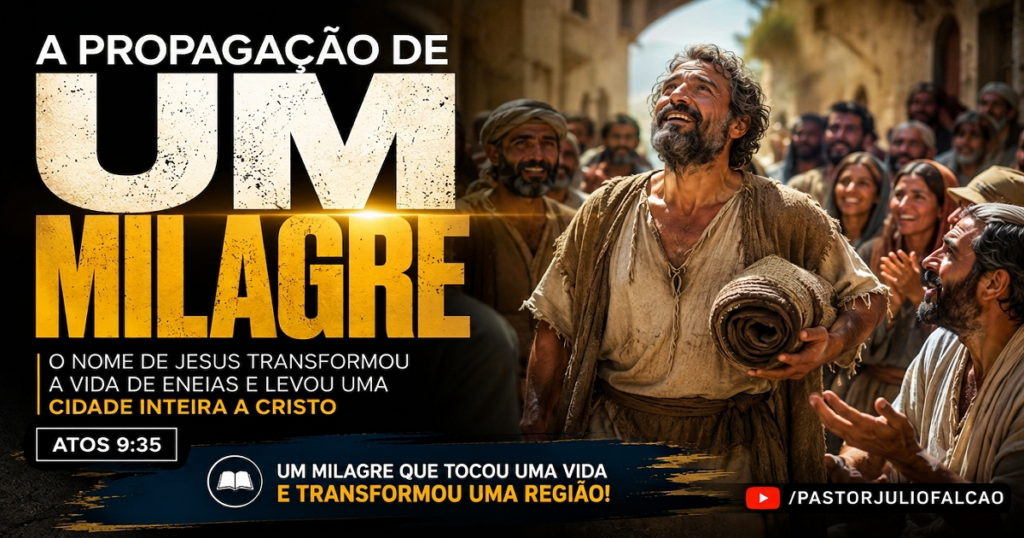 Ilustração do milagre de Eneias em Atos 9:35, mostrando um homem curado pelo poder do nome de Jesus e o impacto desse milagre na conversão dos habitantes de Lida e Sarona.