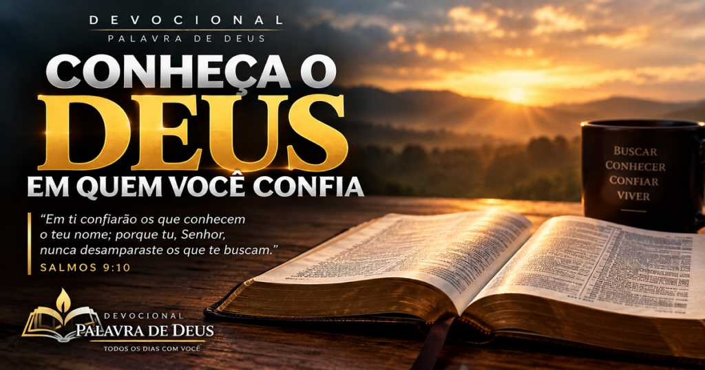 Imagem representando a confiança em Deus, com a frase “Conheça o Deus em quem você confia”, baseada em Salmos 9:10.