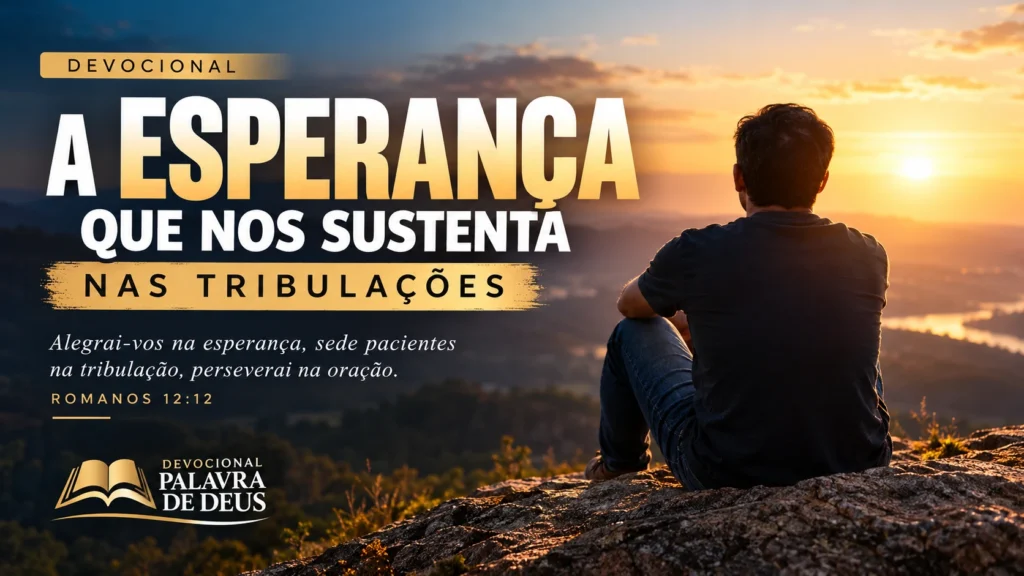 Homem contemplando o horizonte ao pôr do sol, ilustrando o devocional A Esperança que nos Sustenta nas Tribulações, baseado em Romanos 12:12.