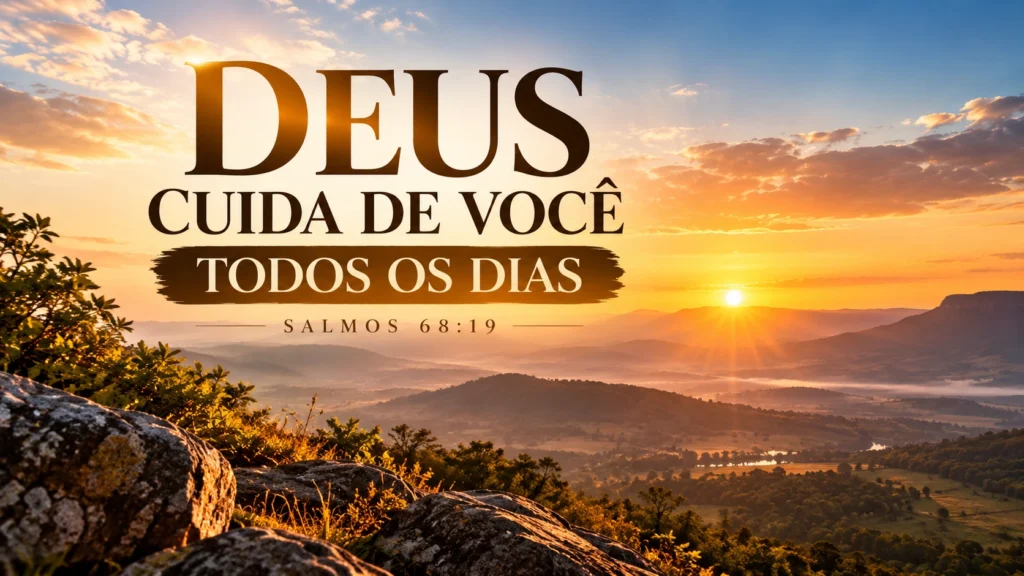 Imagem de um vale entre montanhas ao amanhecer, ilustrando o cuidado e a fidelidade de Deus todos os dias, com a frase “Deus cuida de você” e referência a Salmos 68:19.