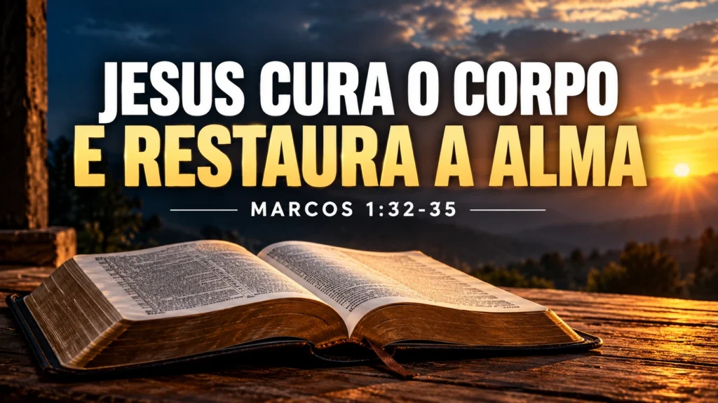 Bíblia aberta em ambiente de oração, ilustrando a mensagem sobre Jesus que cura o corpo e restaura a alma.