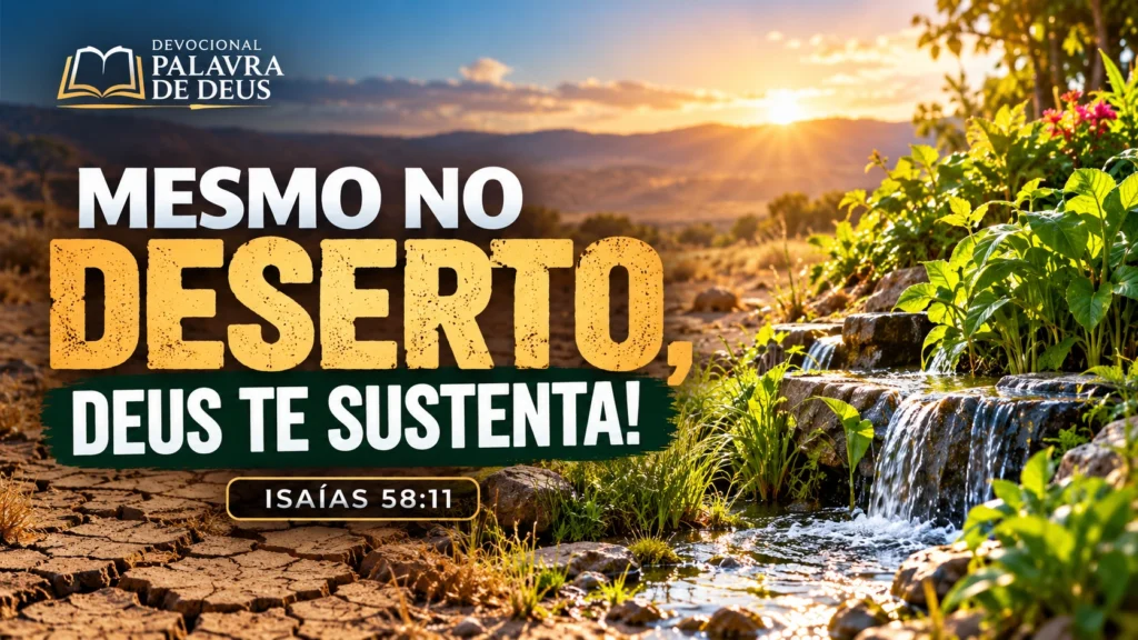 Jardim verde e regado com água corrente em meio a uma paisagem árida, ilustrando Isaías 58:11 e a renovação que vem de Deus.