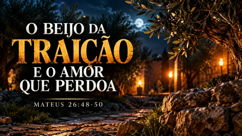 Ilustração simbólica sobre a traição de Judas e o ensinamento de Jesus sobre o amor e o perdão, em Mateus 26:48-50.